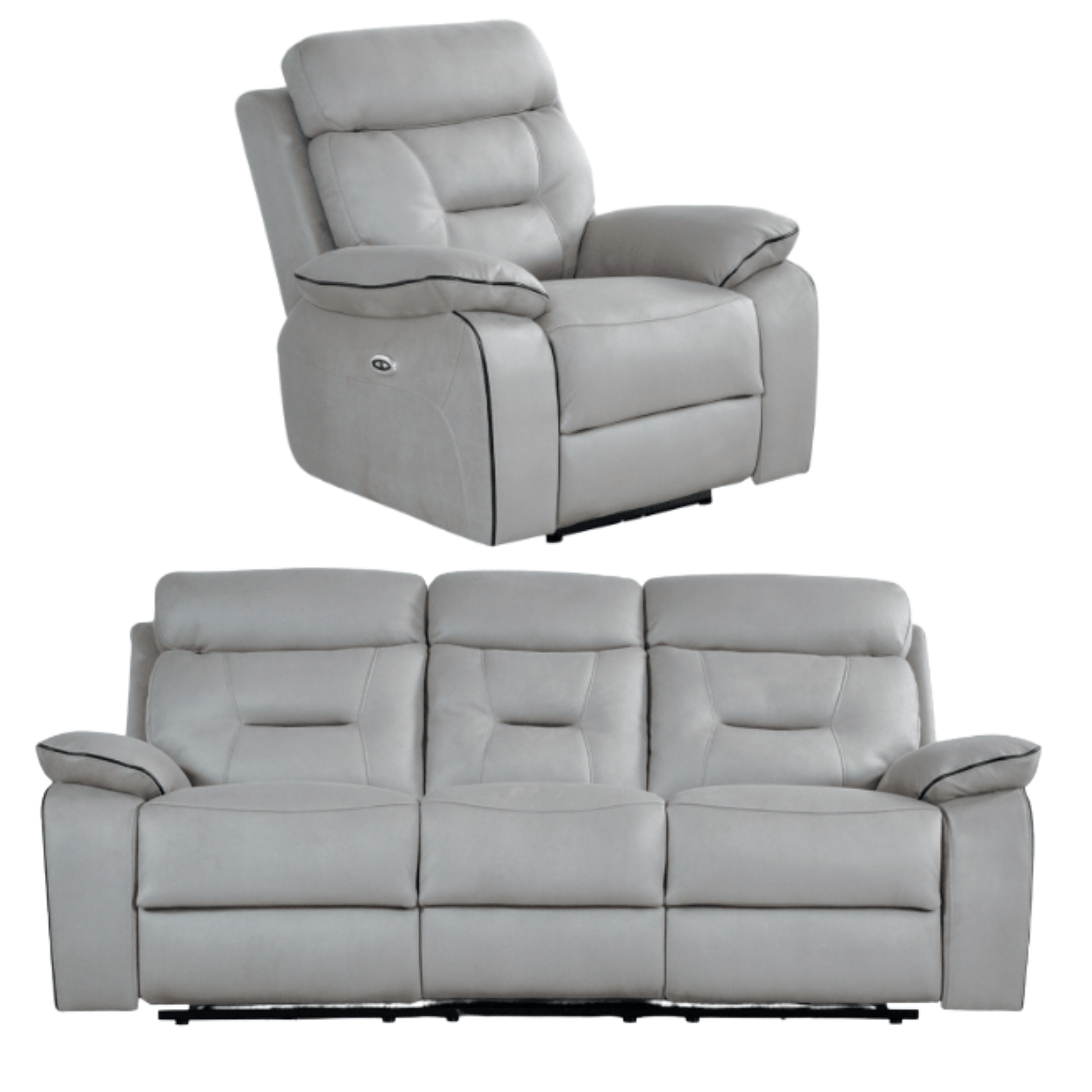 Gray recliner chair and sofa set on a white background