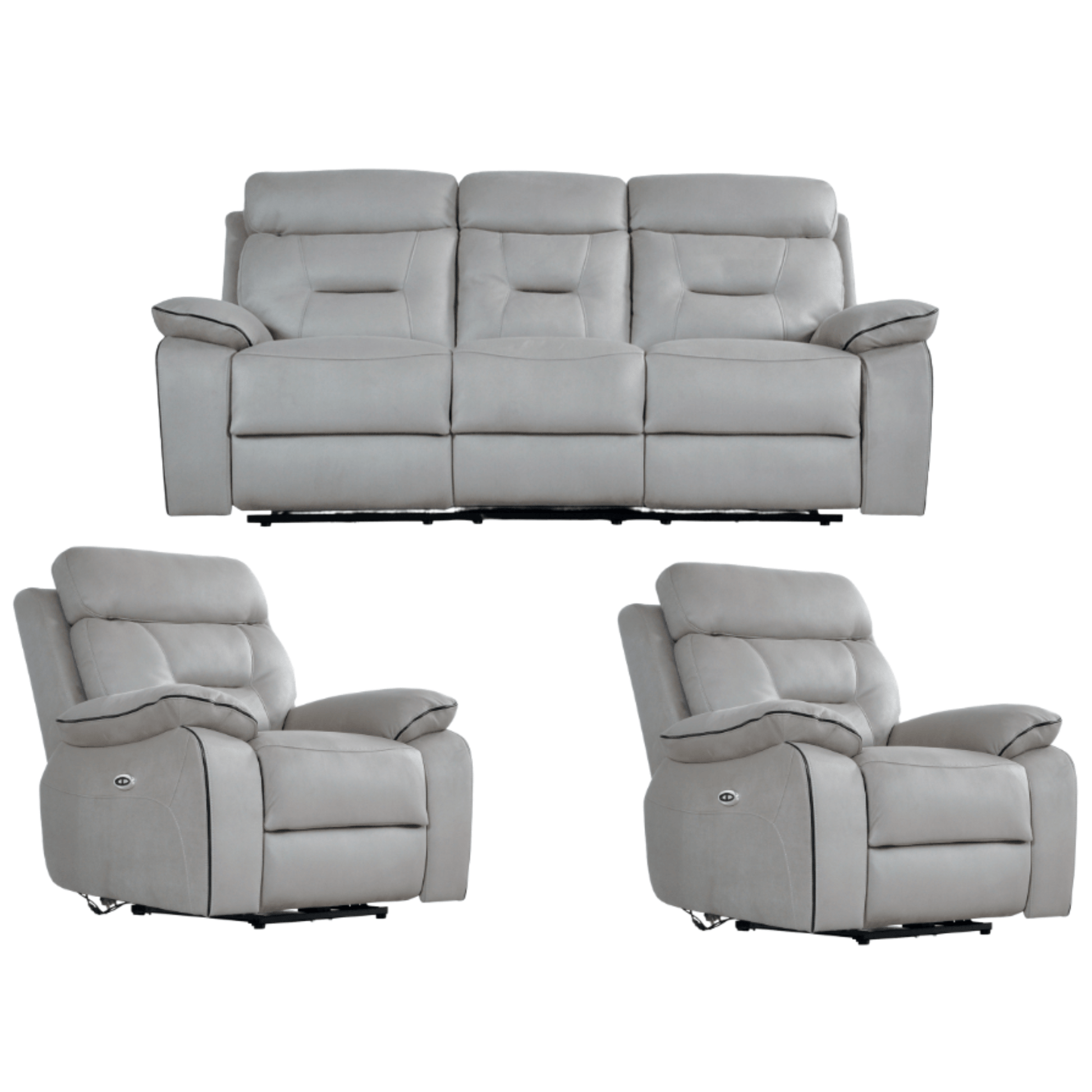 Gray leather sofa set with two recliners on a white background