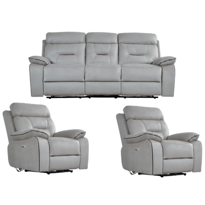 Gray leather sofa set with two recliners on a white background