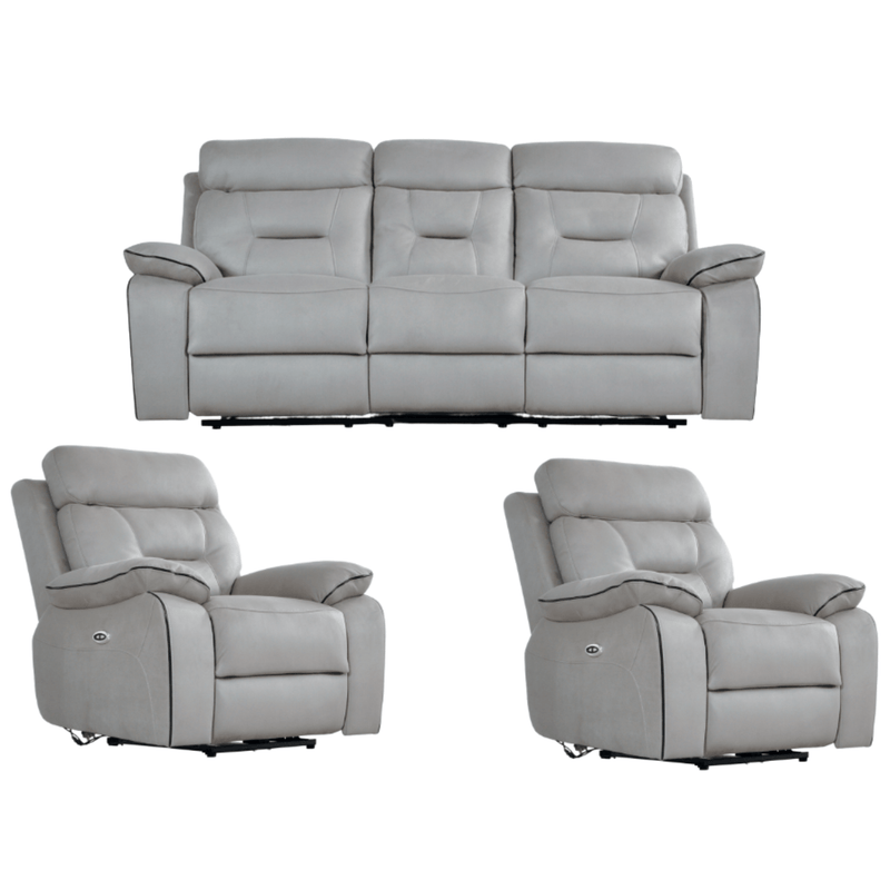 Gray leather sofa set with two recliners on a white background