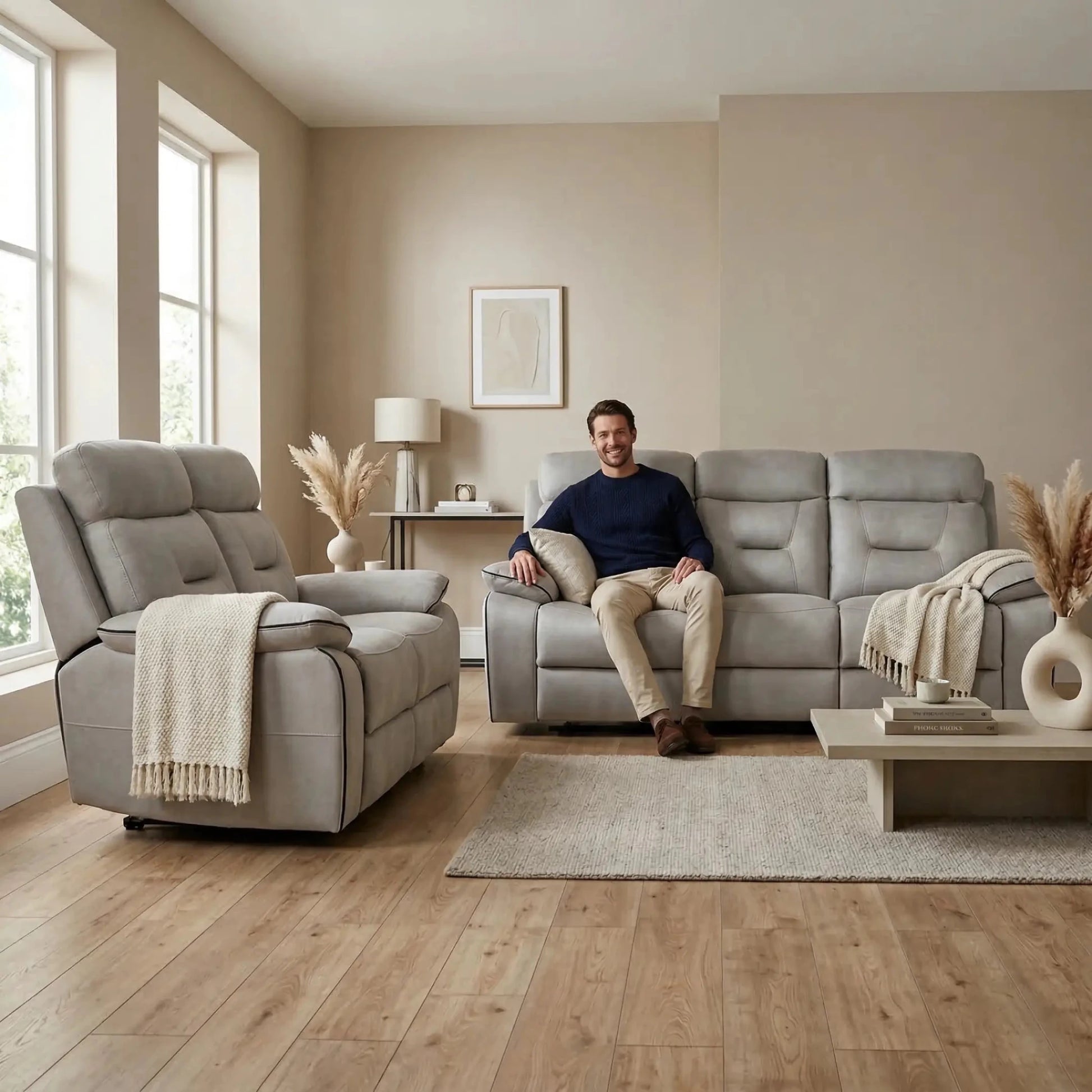 Foster Light Grey Fabric Electric Recliner 3+2 Seater Sofa Set - Furniture Instore