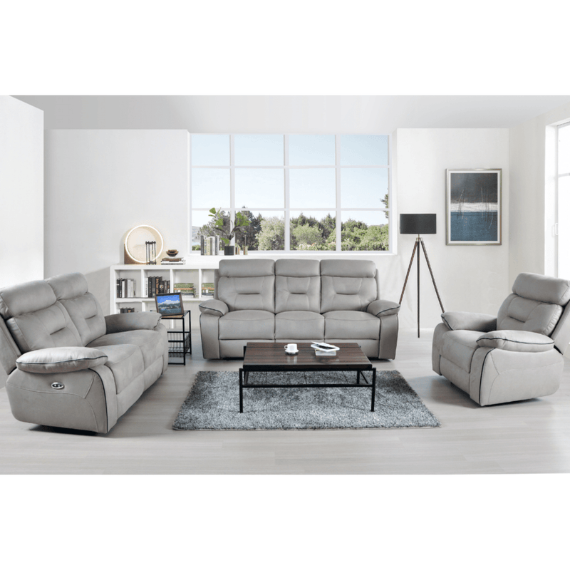 Gray sofa set in a modern living room with a coffee table and decor items.