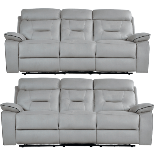 Gray leather reclining sofa set on a white background