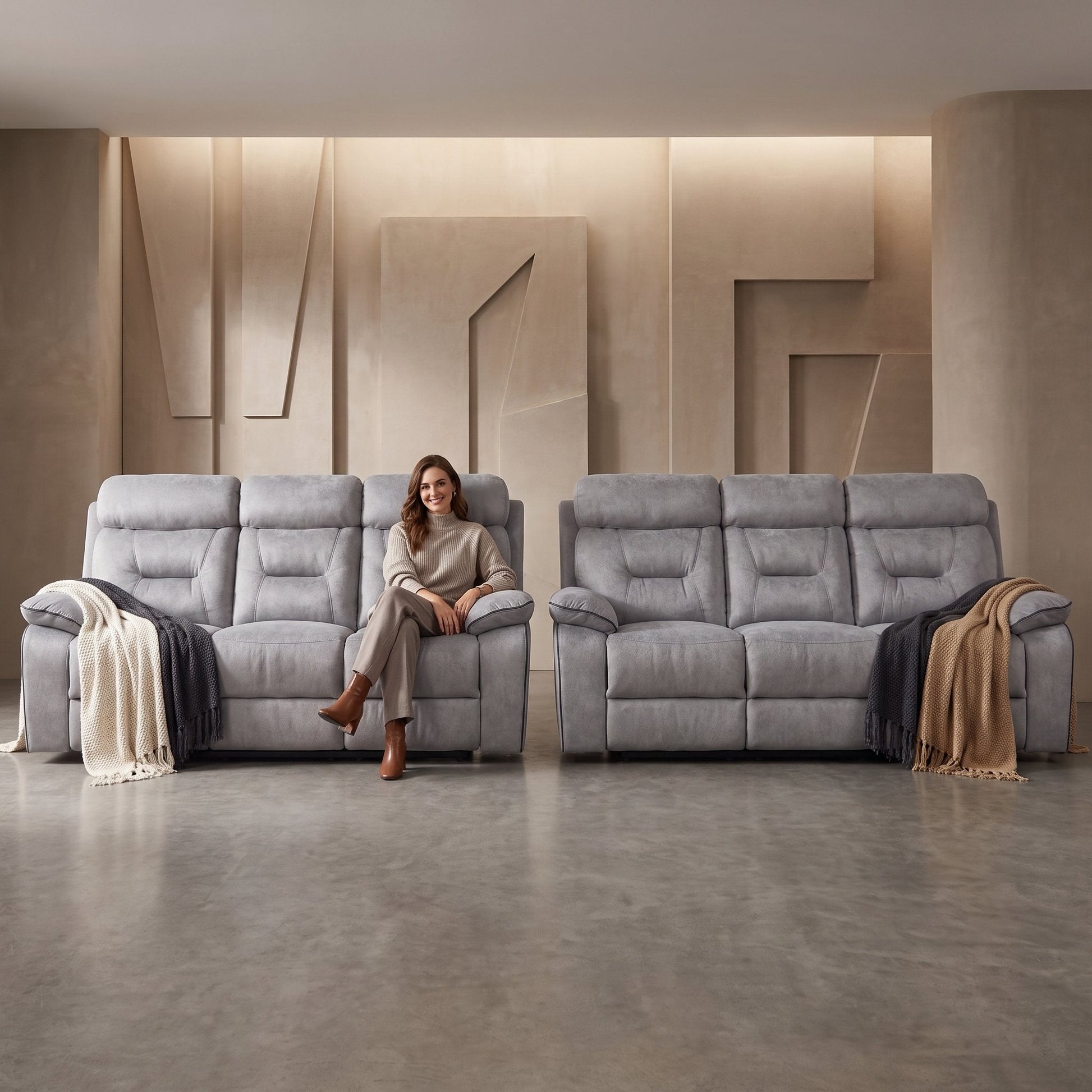 Foster Light Grey Fabric Electric Recliner 3+3 Sofa Set - Furniture Instore