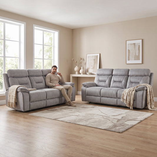 Foster Light Grey Fabric Electric Recliner 3+3 Sofa Set - Furniture Instore