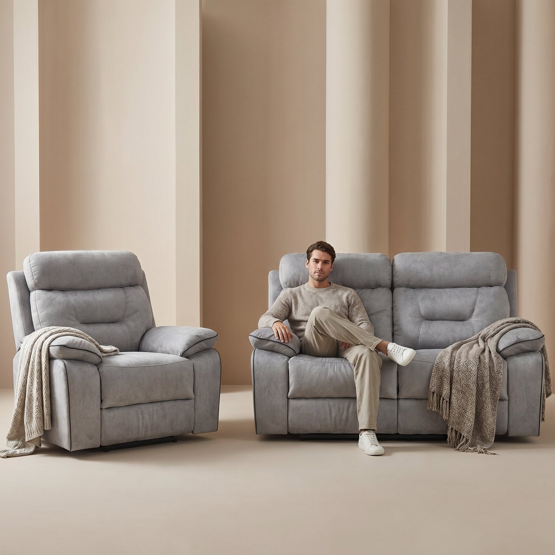 Foster Light Grey Fabric Recliner 2+1 Sofa Set - Furniture Instore