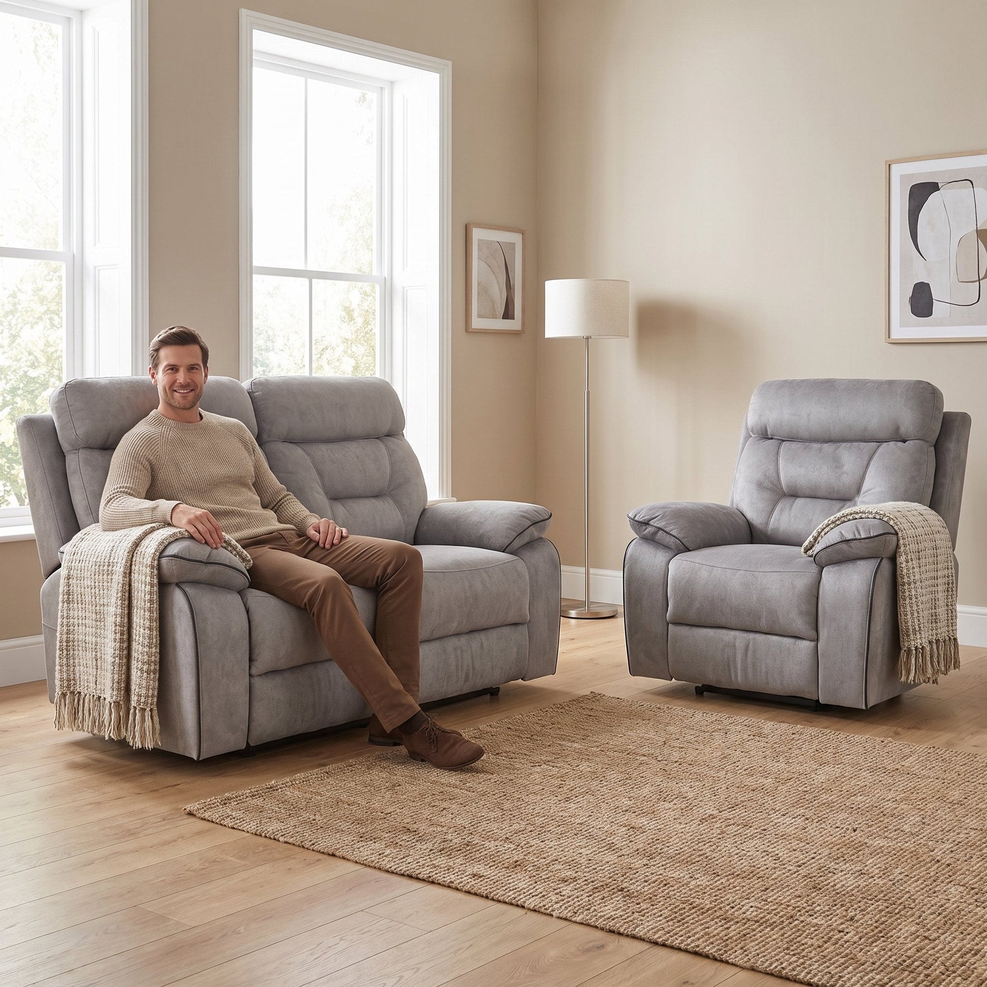 Foster Light Grey Fabric Recliner 2+1 Sofa Set - Furniture Instore