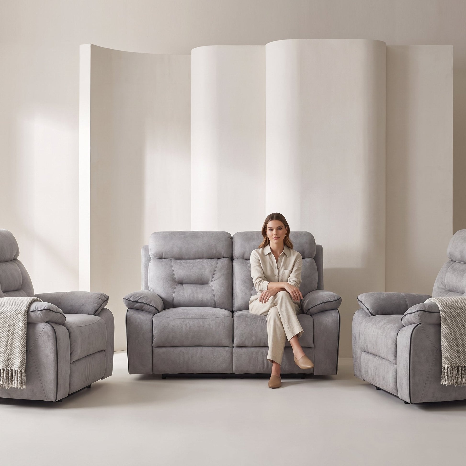 Foster Light Grey Fabric Recliner 2+1+1 Sofa Set - Furniture Instore