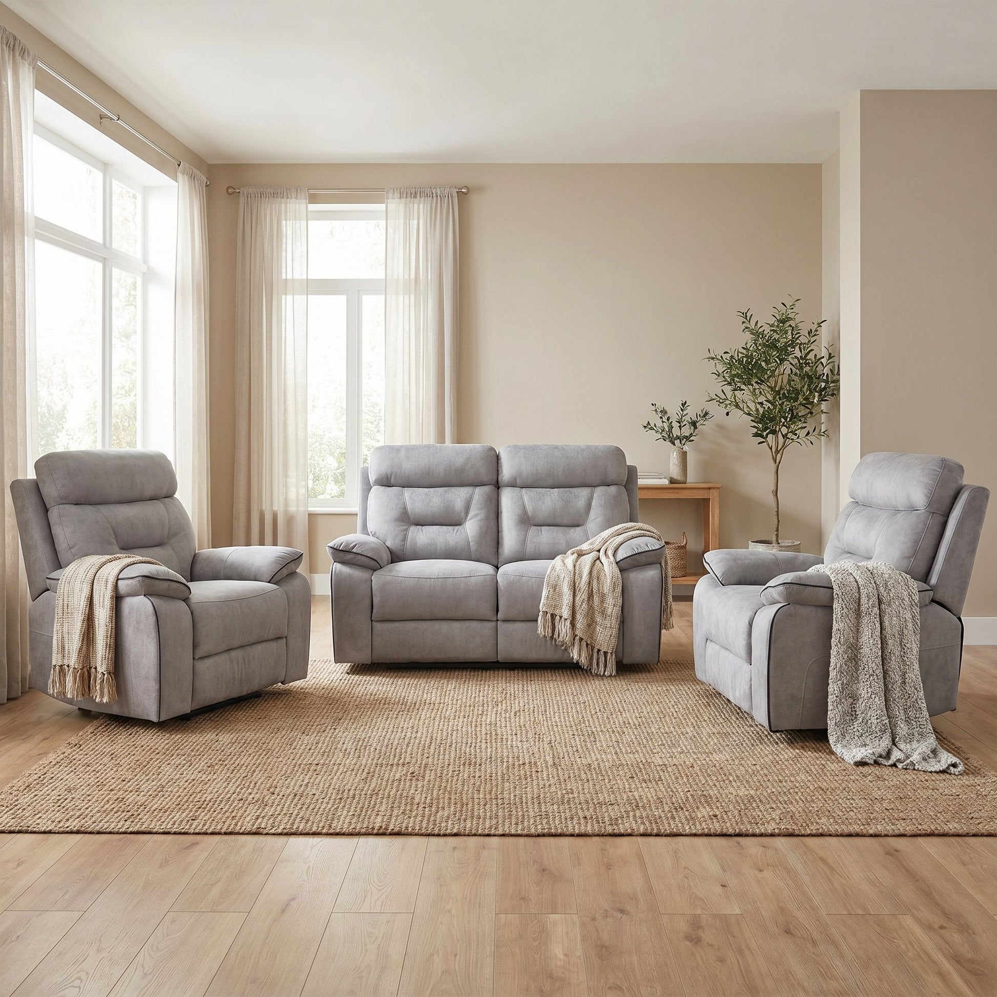 Foster Light Grey Fabric Recliner 2+1+1 Sofa Set - Furniture Instore