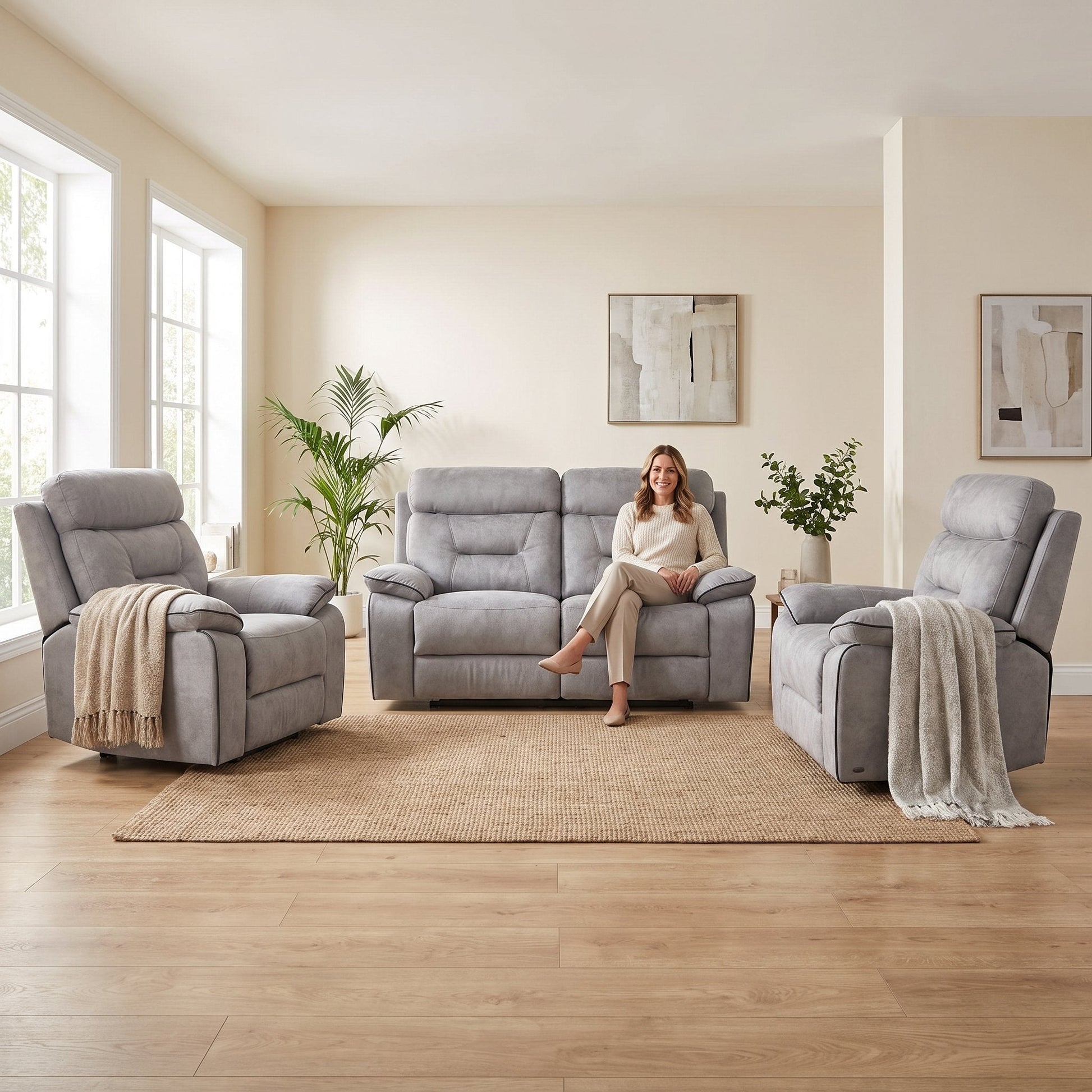Foster Light Grey Fabric Recliner 2+1+1 Sofa Set - Furniture Instore