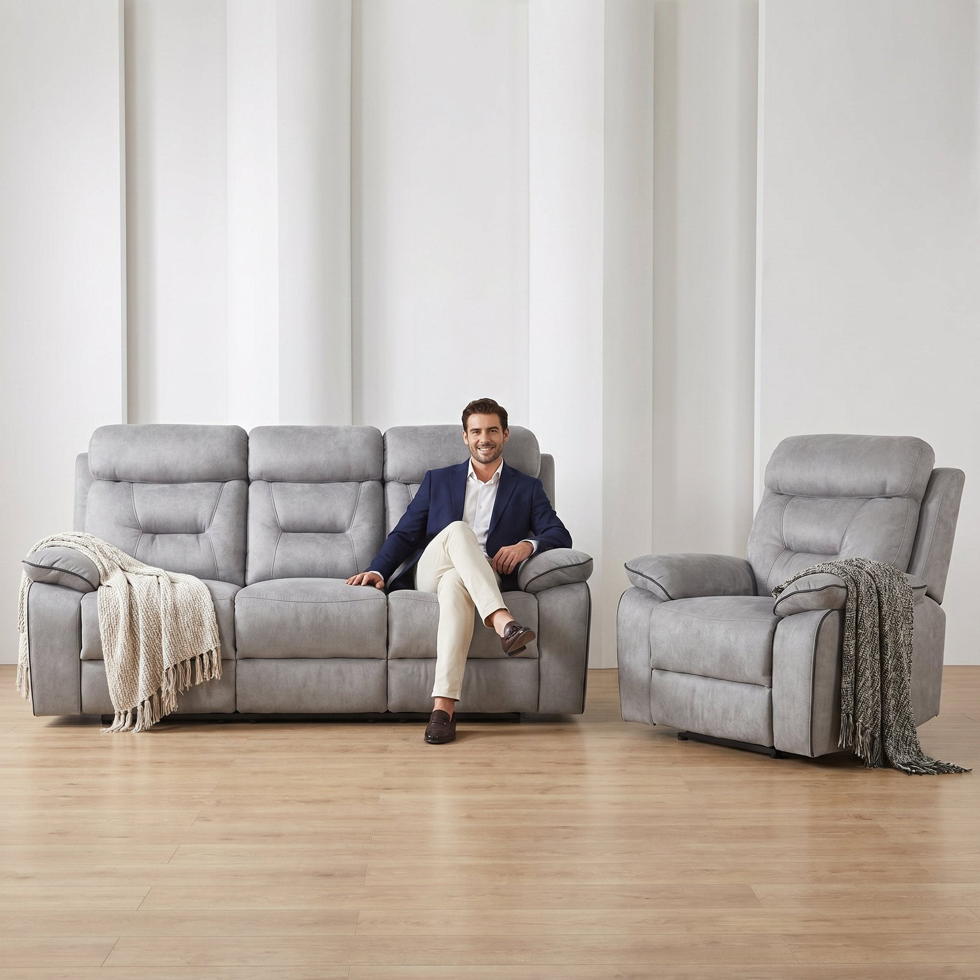 Foster Light Grey Fabric Recliner 3+1 Sofa Set - Furniture Instore
