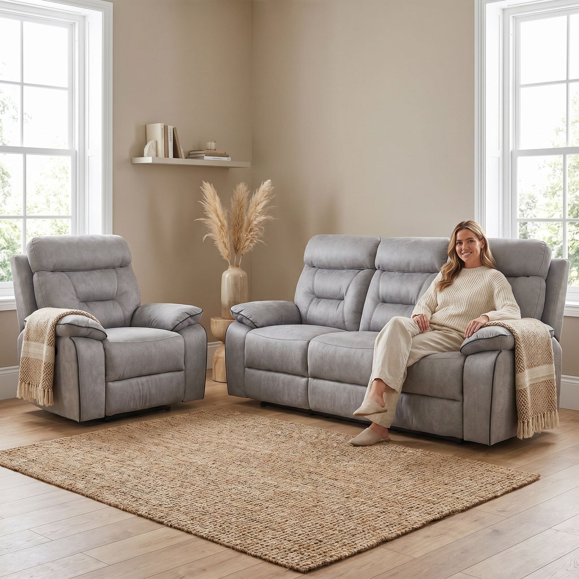 Foster Light Grey Fabric Recliner 3+1 Sofa Set - Furniture Instore