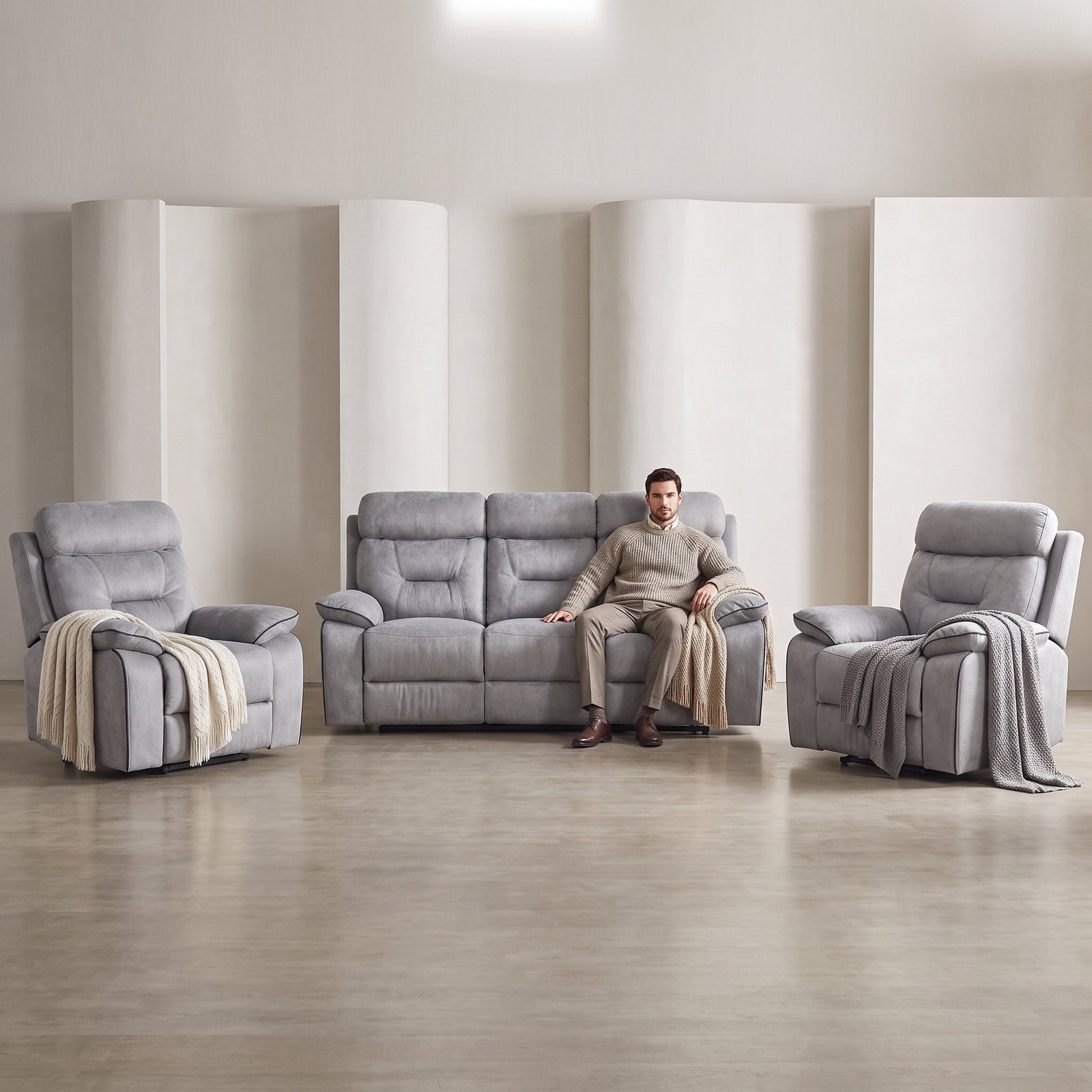 Foster Light Grey Fabric Recliner 3+1+1 Sofa Set - Furniture Instore