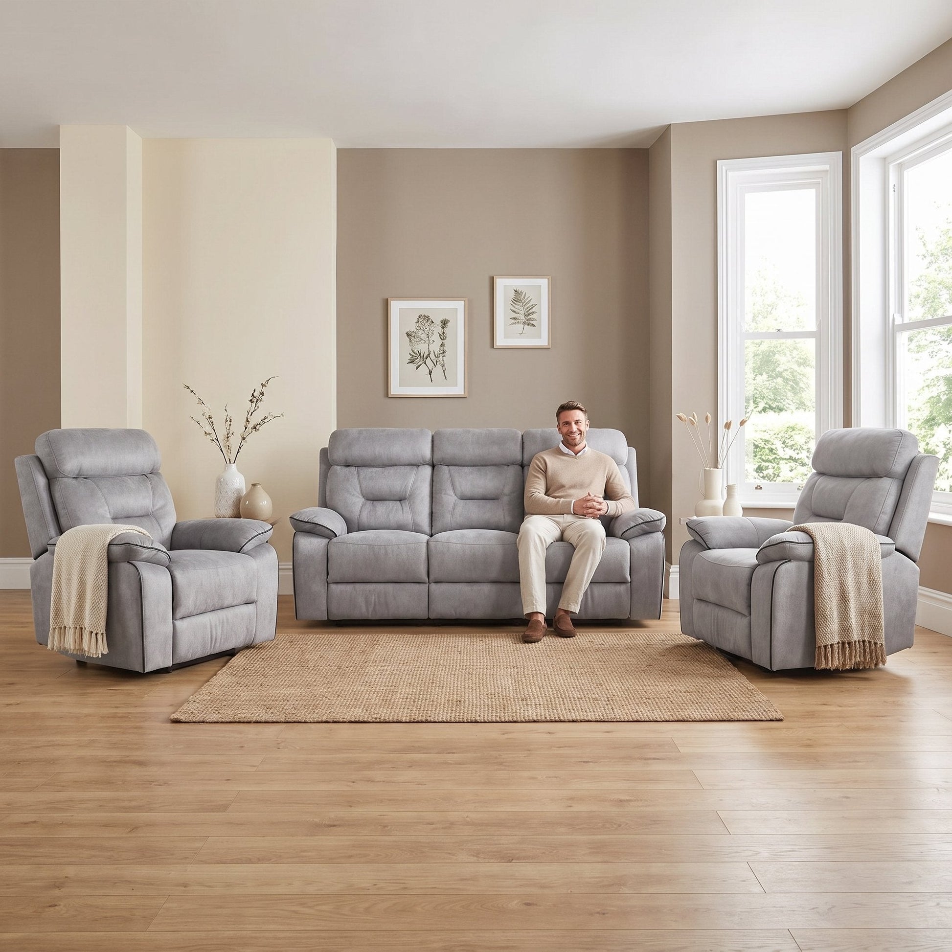Foster Light Grey Fabric Recliner 3+1+1 Sofa Set - Furniture Instore