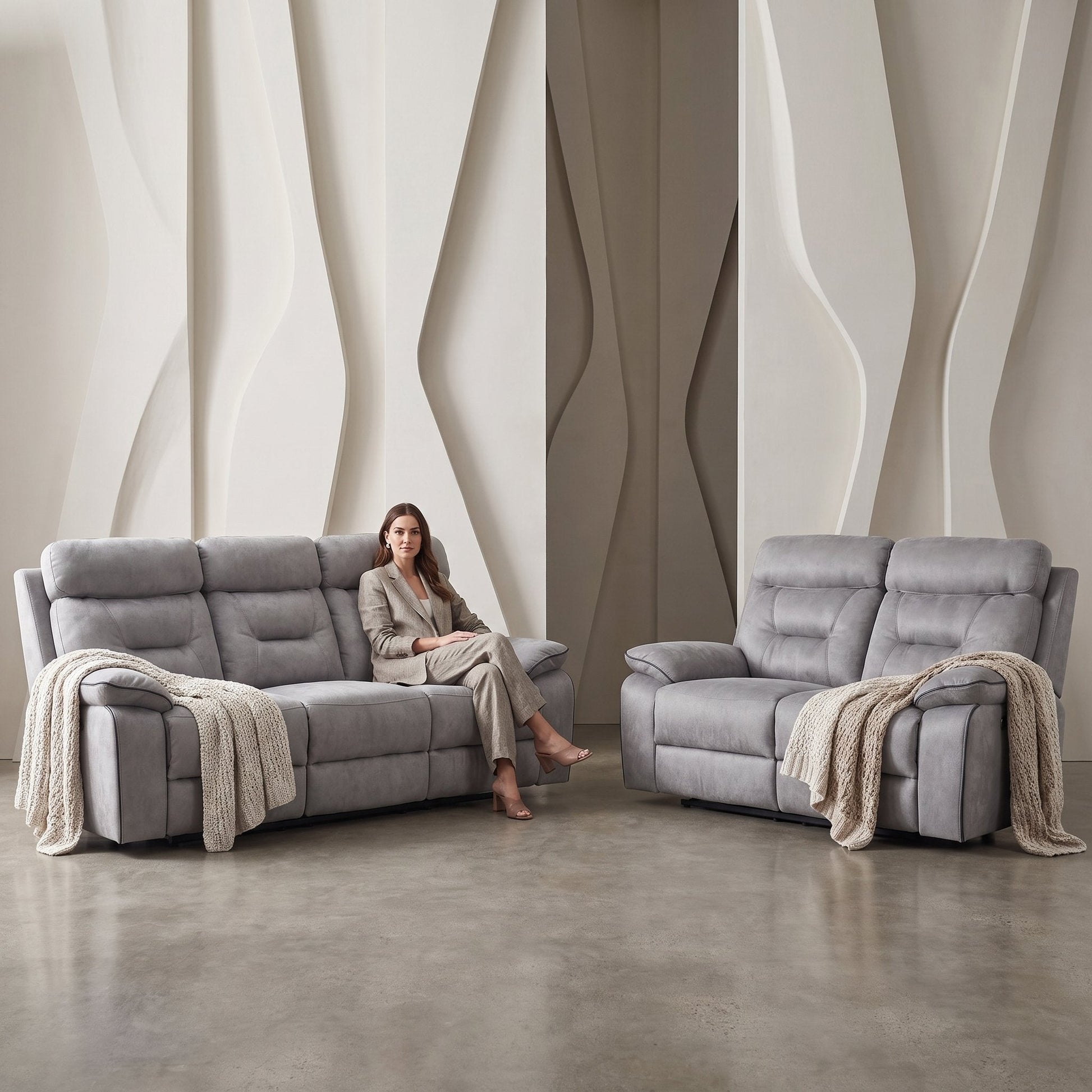 Foster Light Grey Fabric Recliner 3+2 Sofa Set - Furniture Instore