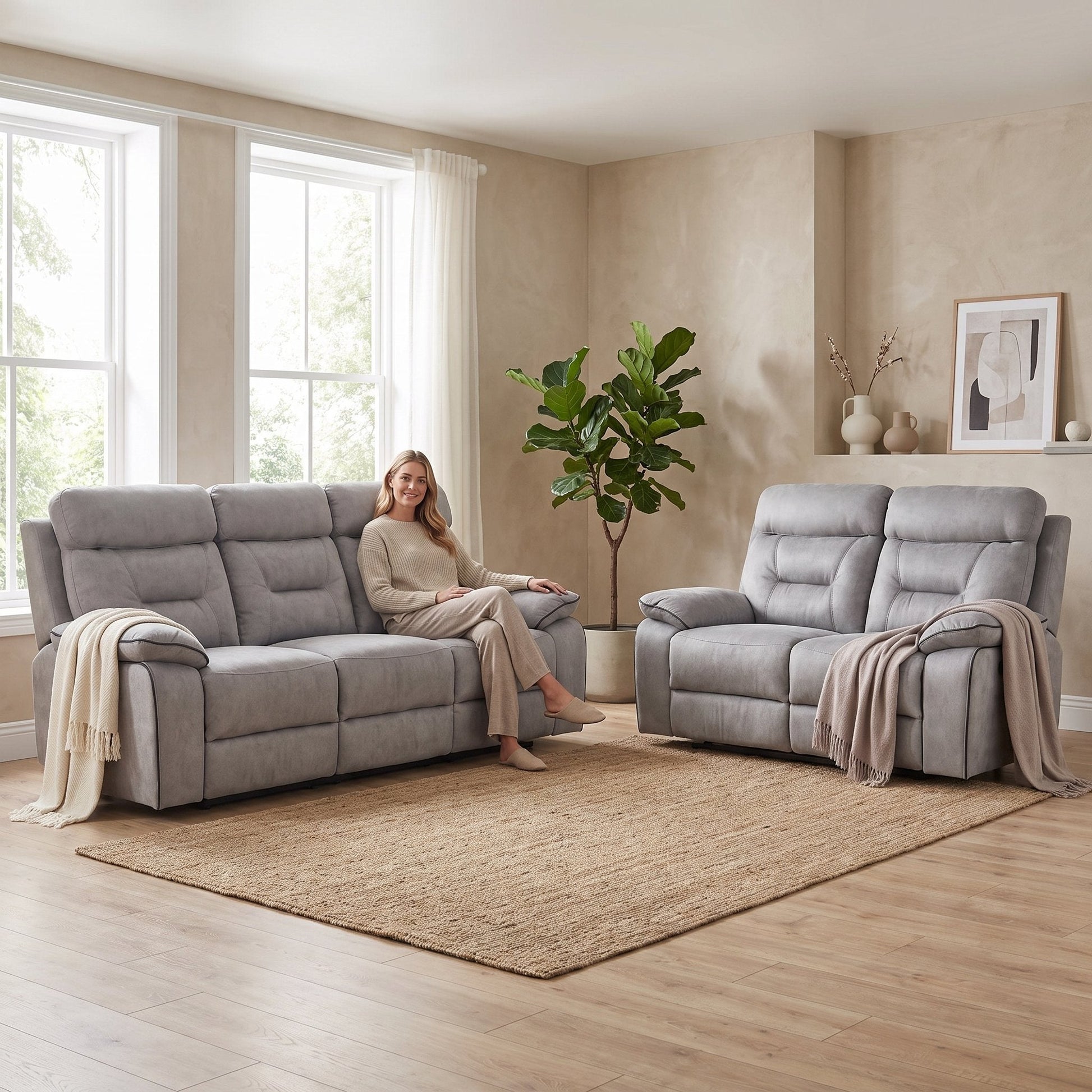 Foster Light Grey Fabric Recliner 3+2 Sofa Set - Furniture Instore