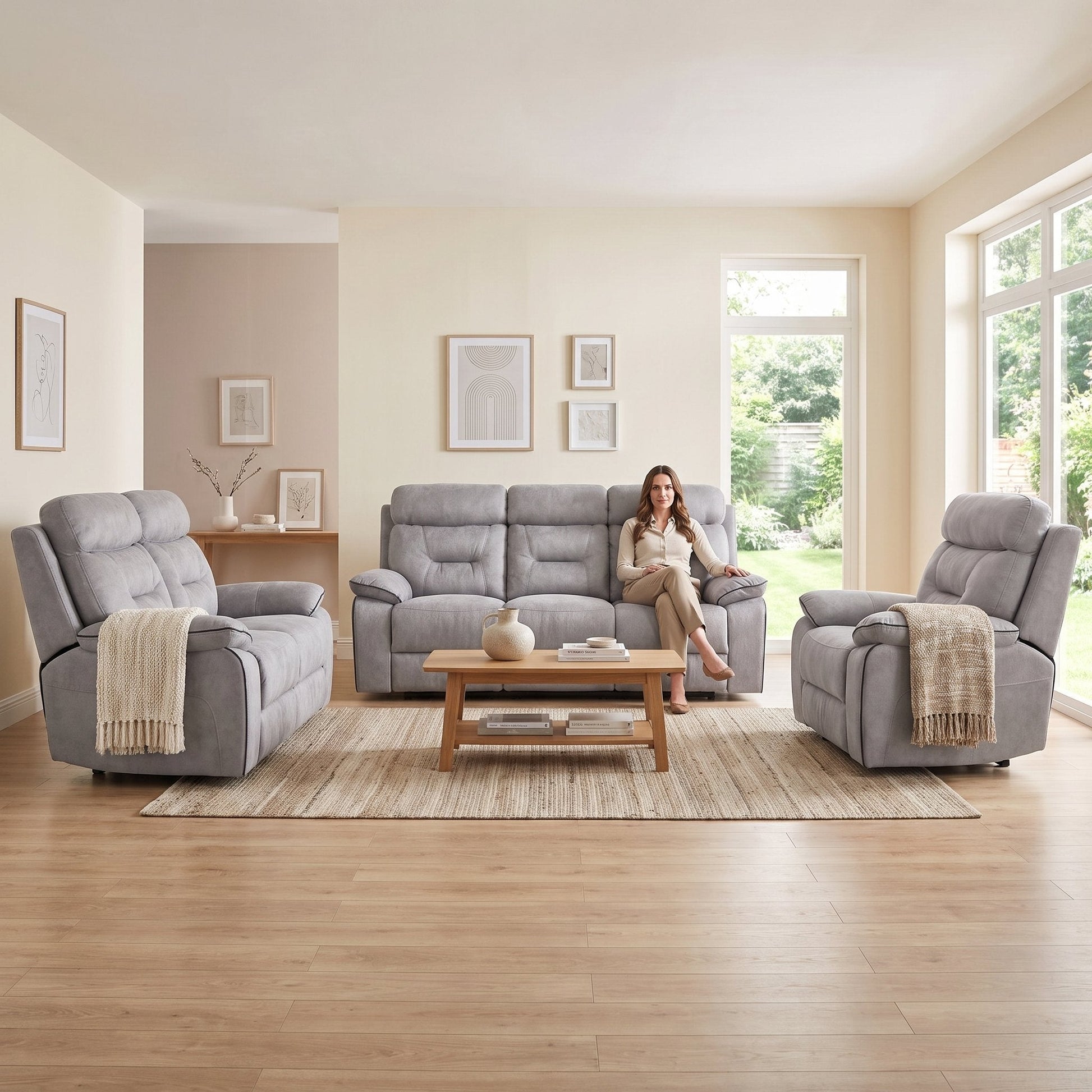 Foster Light Grey Fabric Recliner 3+2+1 Sofa Set - Furniture Instore