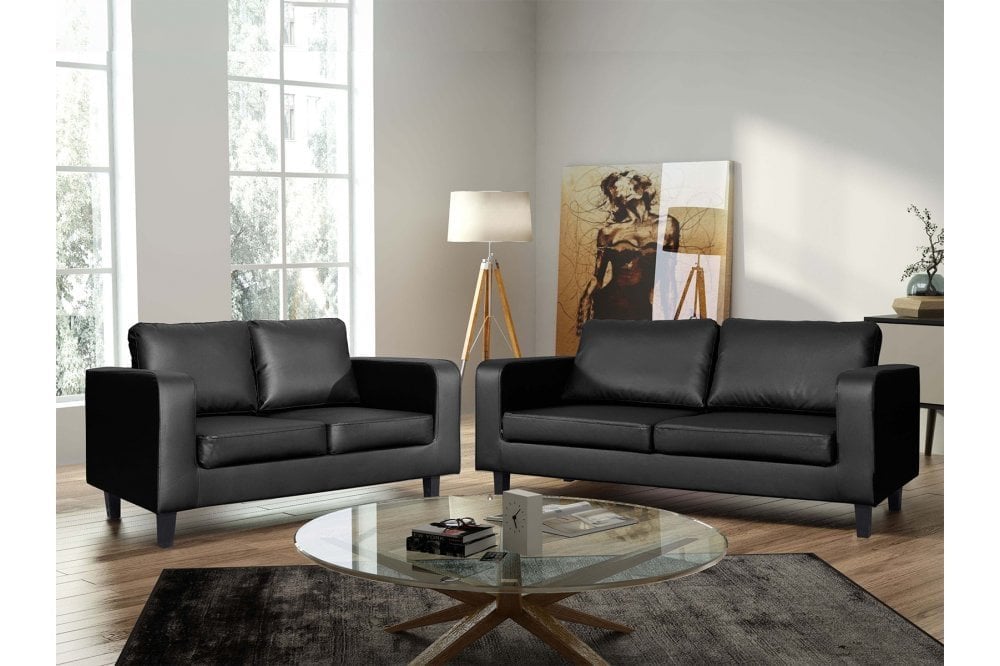 Box Black Leather 3+2 Seater Sofa Set
