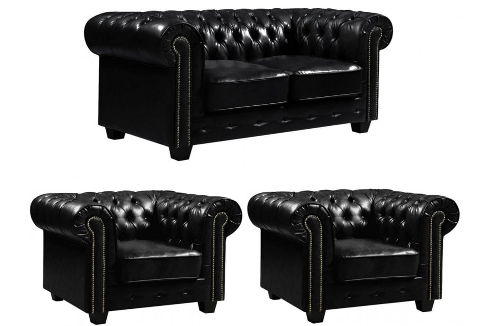 Chesterfield Black Leather Antique 2+1+1 Seater Sofa Set