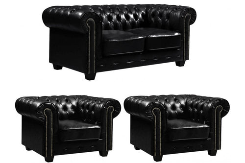 Chesterfield Black Leather Antique 2+1+1 Seater Sofa Set
