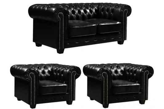 Chesterfield Black Leather Antique 2+1+1 Seater Sofa Set
