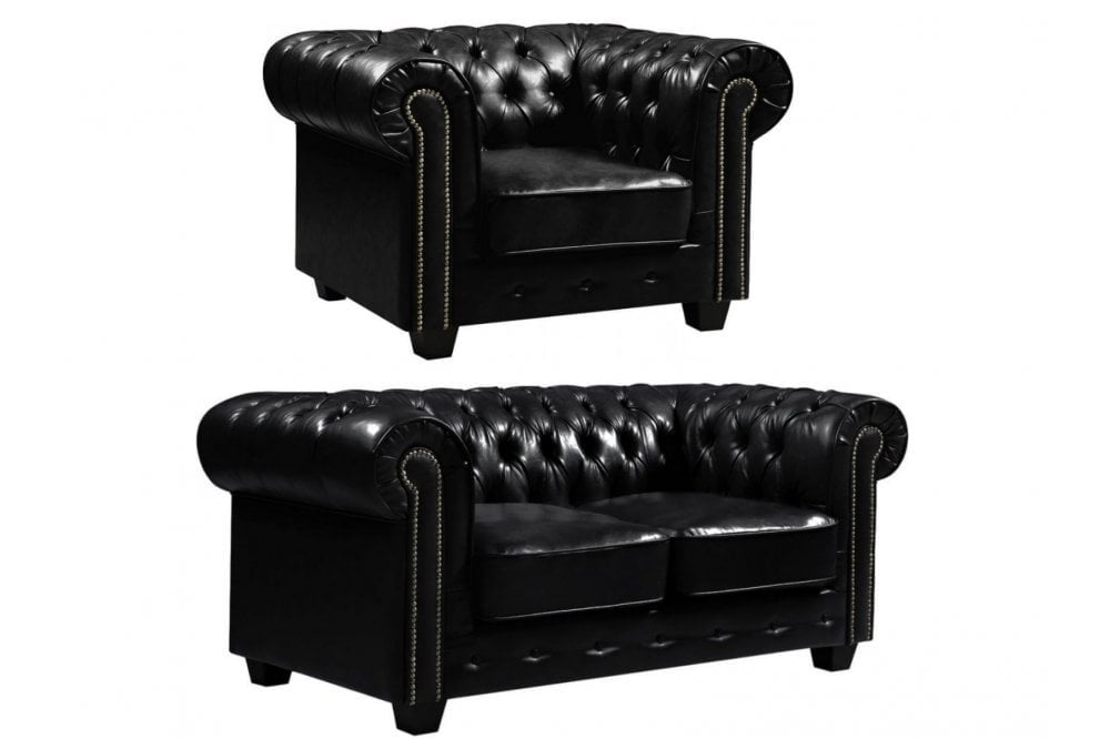 Chesterfield Black Leather Antique 2+1 Seater Sofa Set