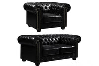 Chesterfield Black Leather Antique 2+1 Seater Sofa Set