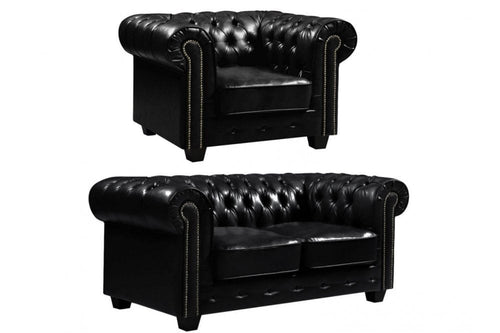 Chesterfield Black Leather Antique 2+1 Seater Sofa Set