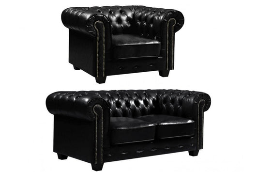 Chesterfield Black Leather Antique 2+1 Seater Sofa Set