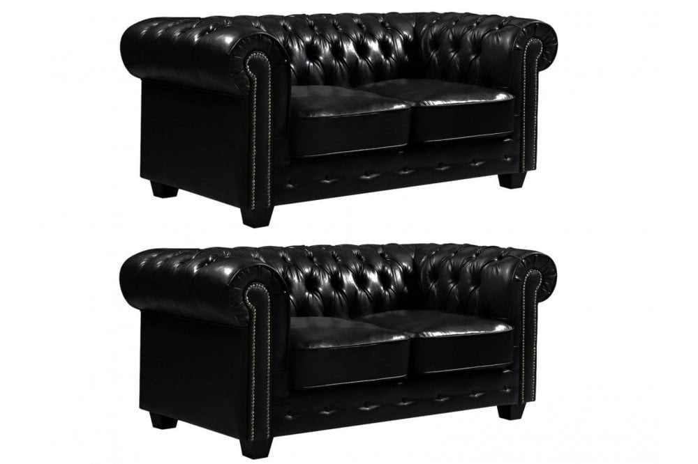 Chesterfield Black Leather Antique 2+2 Seater Sofa Set