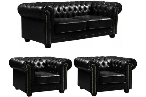 Chesterfield Black Leather Antique 3+1+1 Seater Sofa Set