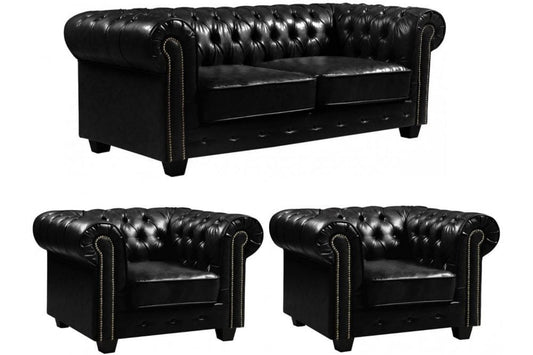 Chesterfield Black Leather Antique 3+1+1 Seater Sofa Set