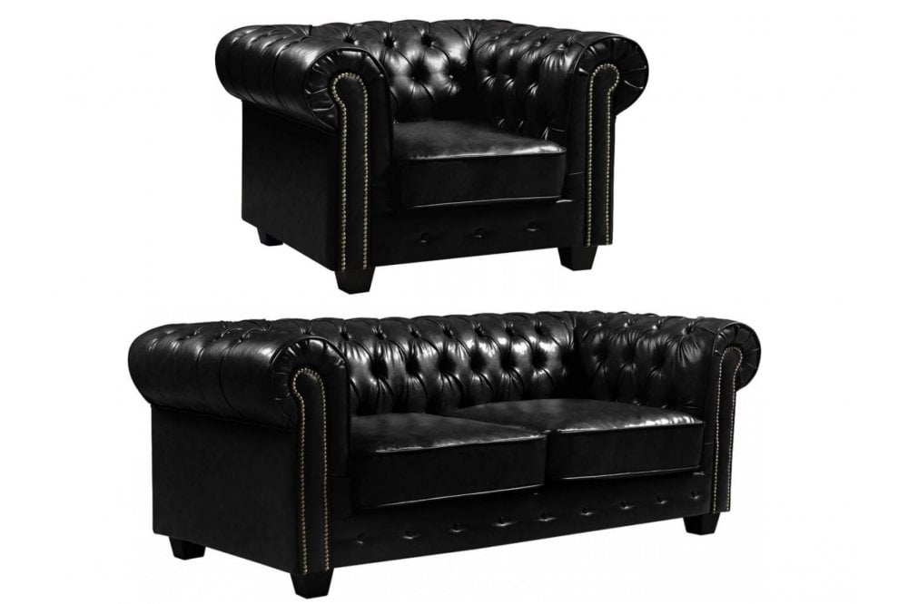 Chesterfield Black Leather Antique 3+1 Seater Sofa Set