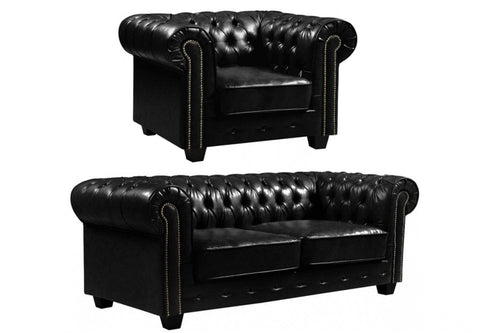 Chesterfield Black Leather Antique 3+1 Seater Sofa Set