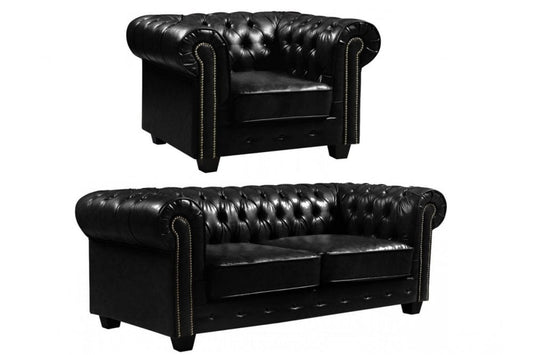 Chesterfield Black Leather Antique 3+1 Seater Sofa Set