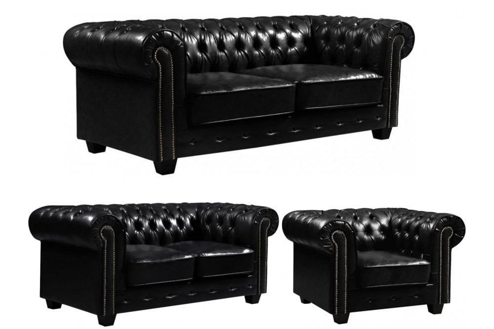 Chesterfield Black Leather Antique 3+2+1 Seater Sofa Set