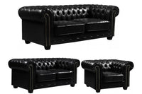 Chesterfield Black Leather Antique 3+2+1 Seater Sofa Set