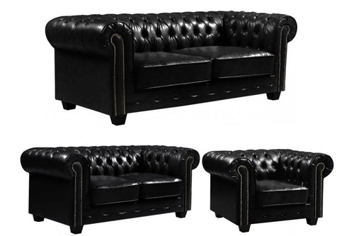 Chesterfield Black Leather Antique 3+2+1 Seater Sofa Set