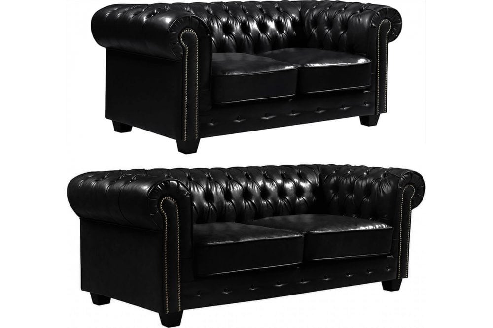 Chesterfield Black Leather Antique 3+2 Seater Sofa Set