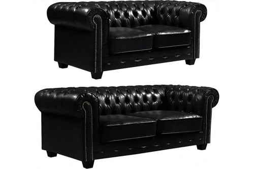Chesterfield Black Leather Antique 3+2 Seater Sofa Set