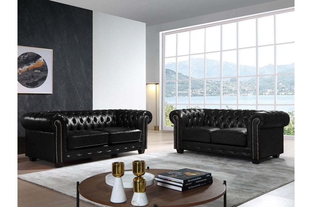 Chesterfield Black Leather Antique 3+2 Seater Sofa Set