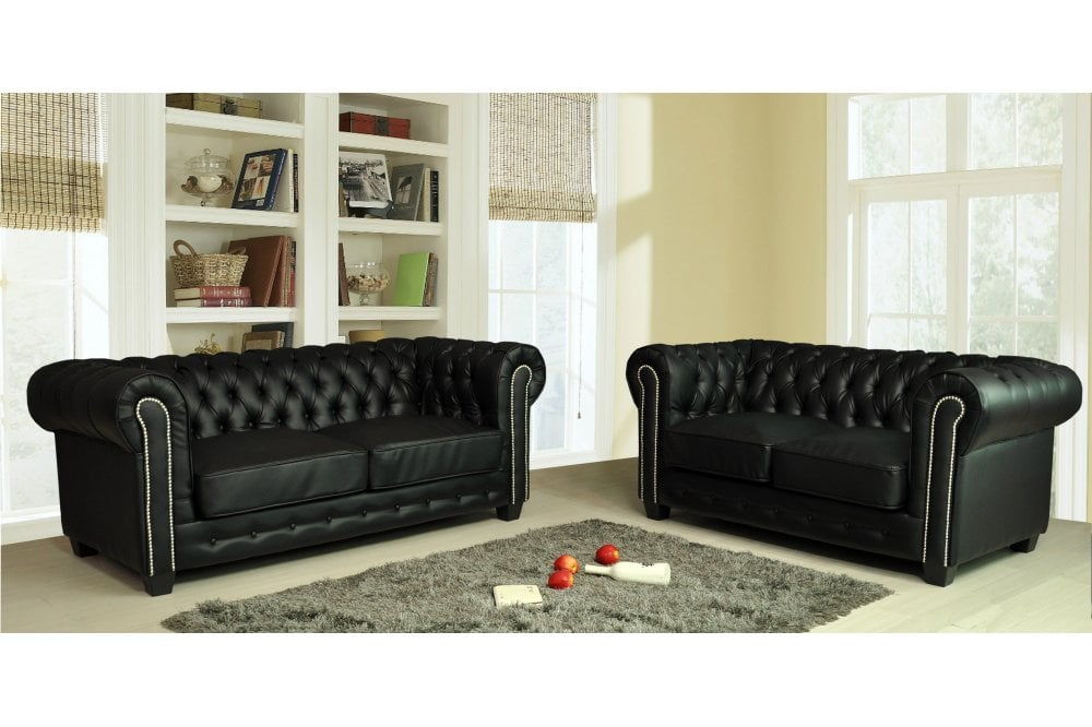Chesterfield Black Leather Antique 3+2 Seater Sofa Set
