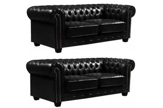 Chesterfield Black Leather Antique 3+3 Seater Sofa Set Product