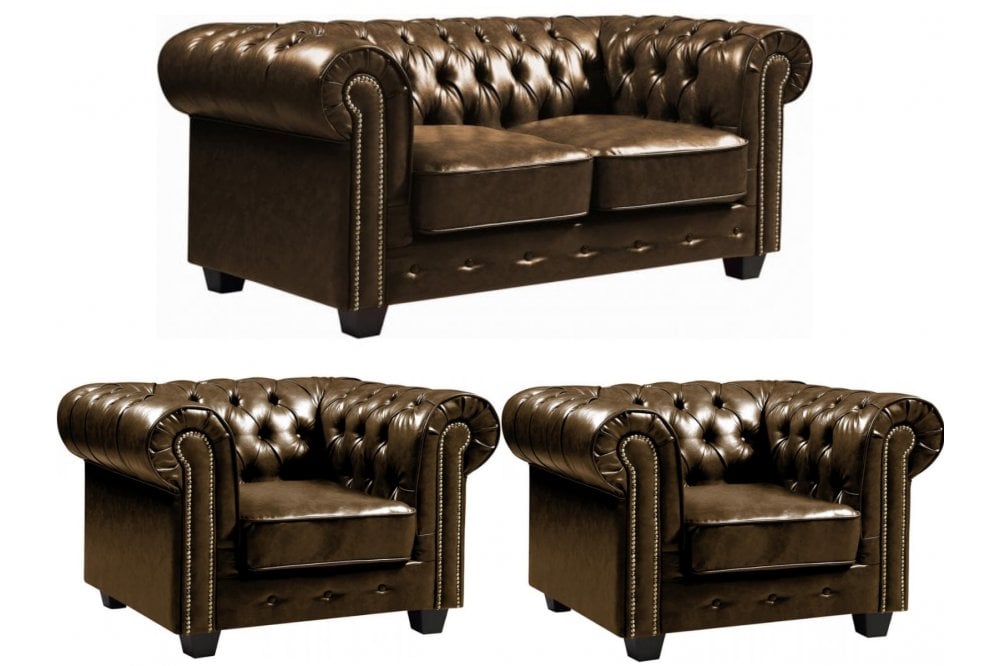 Chesterfield Brown Leather Antique 2+1+1 Seater Sofa Set