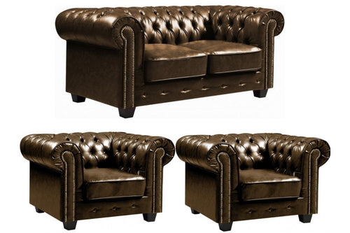Chesterfield Brown Leather Antique 2+1+1 Seater Sofa Set