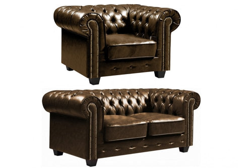 Chesterfield Brown Leather Antique 2+1 Seater Sofa Set