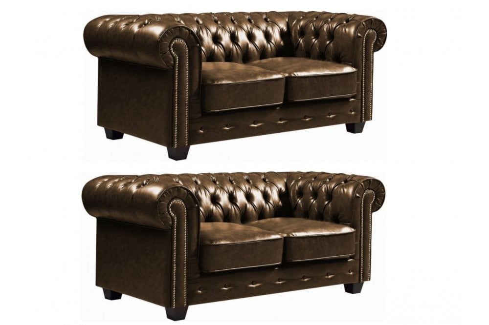 Chesterfield Brown Leather Antique 2+2 Seater Sofa Set