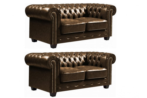 Chesterfield Brown Leather Antique 2+2 Seater Sofa Set
