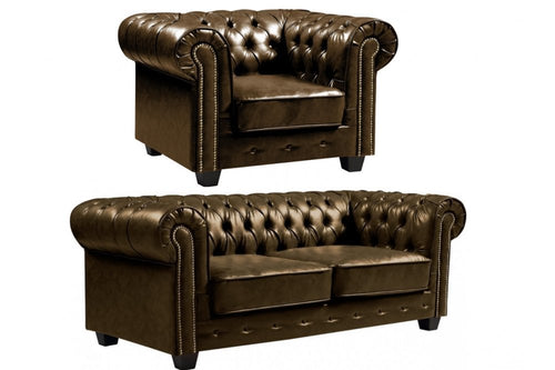 Chesterfield Brown Leather Antique 3+1 Seater Sofa Set