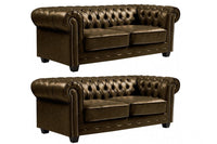 Chesterfield Brown Leather Antique 3+3 Seater Sofa Set